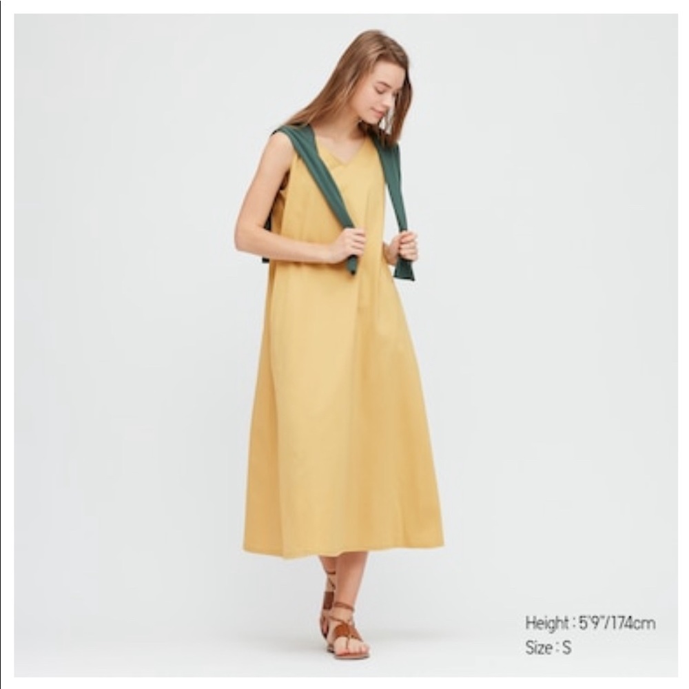 Uniqlo Beige Cotton V-neck Dress